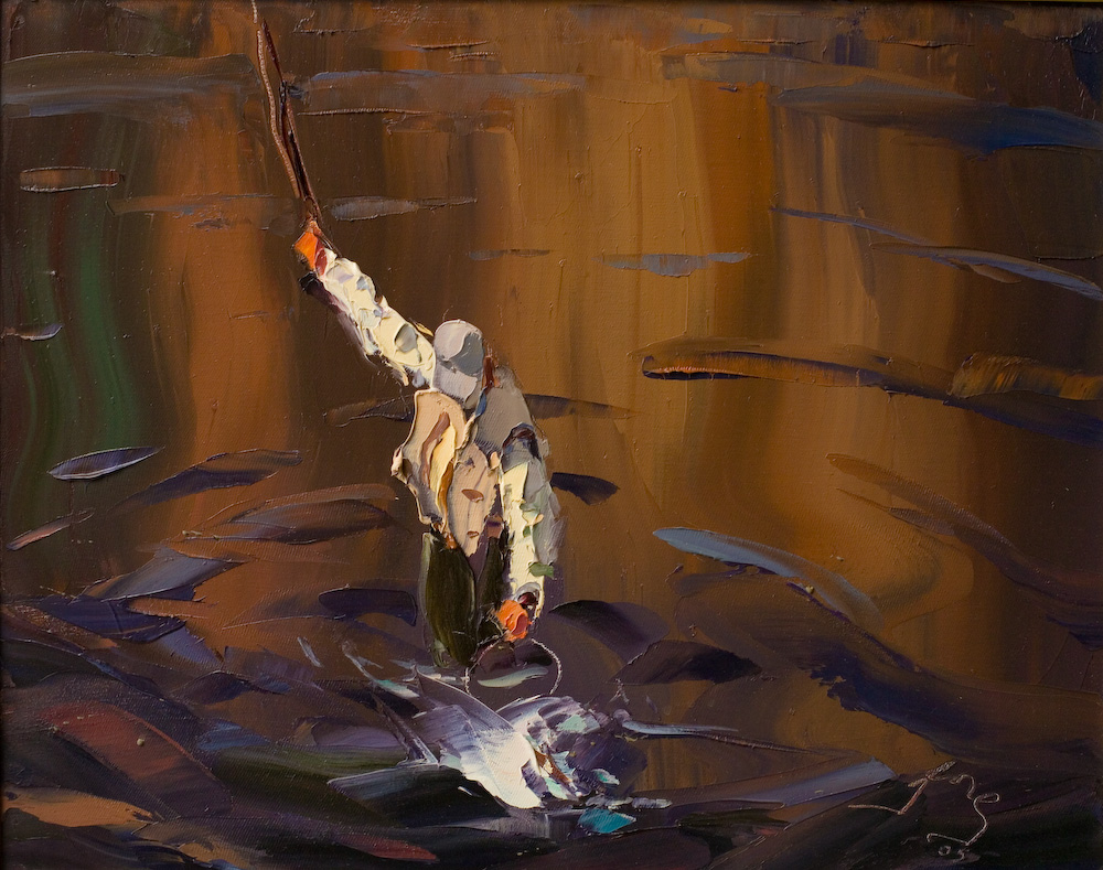 Fly fisherman with catch artwork