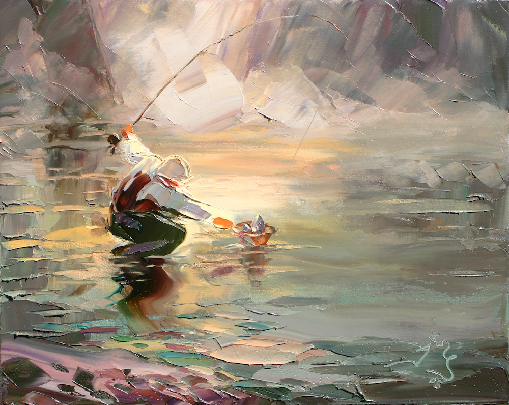 Fly Fishing painting, Fisherman painting, original oil, on canvas