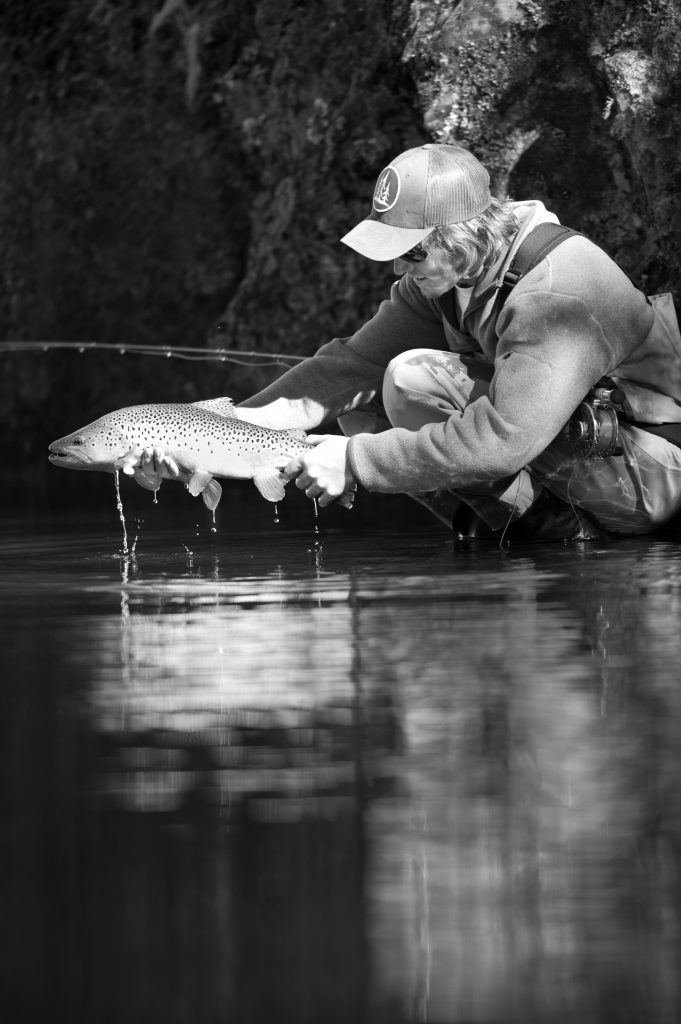 fly fisherman releasing catch